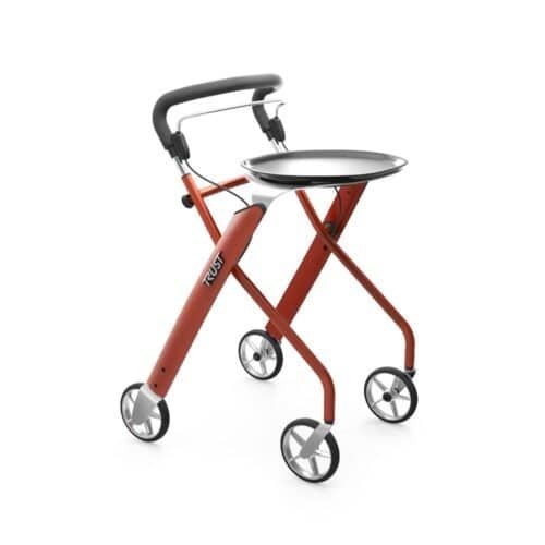 Let’s Dream rollator i orange färg – lätt och hopfällbar inomhusrollator med bricka och mjuka handtag.