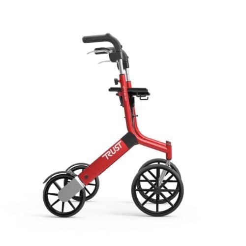 lets-go-out-rullator-röd Let’s Go Out rollator i röd färg från Trust Care med stora hjul och ergonomiska handtag.