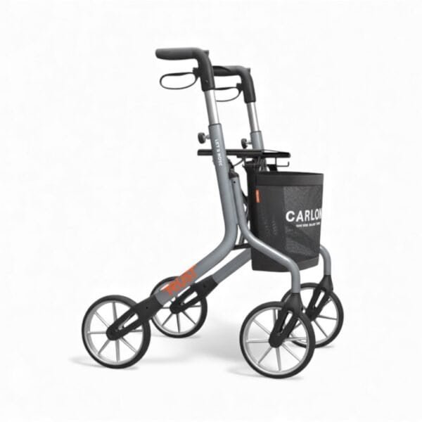 lets-move-rullator-med-korg-grå Let’s Move rollator från Trust Care i lätt aluminium med ergonomiska handtag och förvaringskorg."