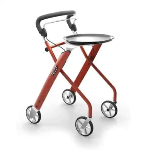 Let’s Dream rollator i orange färg – lätt och hopfällbar inomhusrollator med bricka och mjuka handtag.