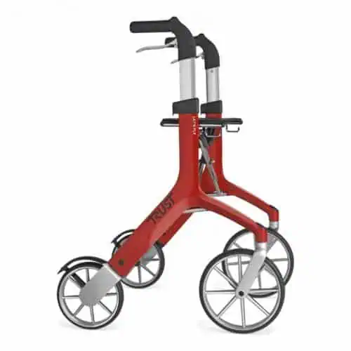 Trust Care Let’s Fly rollator i röd färg. Designrollator med ergonomiska handtag och stötdämpande hjul.