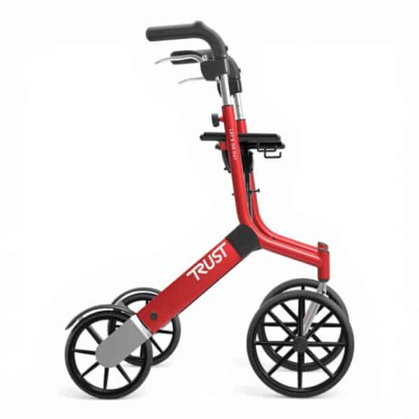 Let’s Go Out rollator i röd färg från Trust Care med stora hjul och ergonomiska handtag.