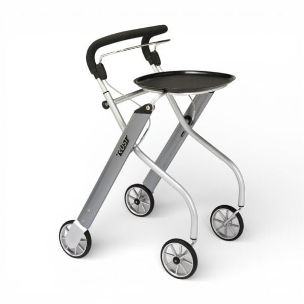 Trust Care Let’s Go silver inomhusrollator, lätt designrollator med fyra hjul och aluminiumram.