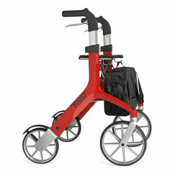 Trust Care Let’s Fly rollator i röd färg med väska. Designrollator med ergonomiska handtag och stötdämpande hjul.