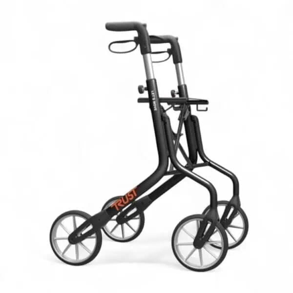 Let’s Move rollator från Trust Care i lätt aluminium med ergonomiska handtag och förvaringskorg.