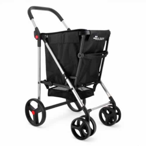 Svart Rolser Basket MF shoppingvagn – fyrhjulig hopfällbar rullvagn med höj- och sänkbart handtag.