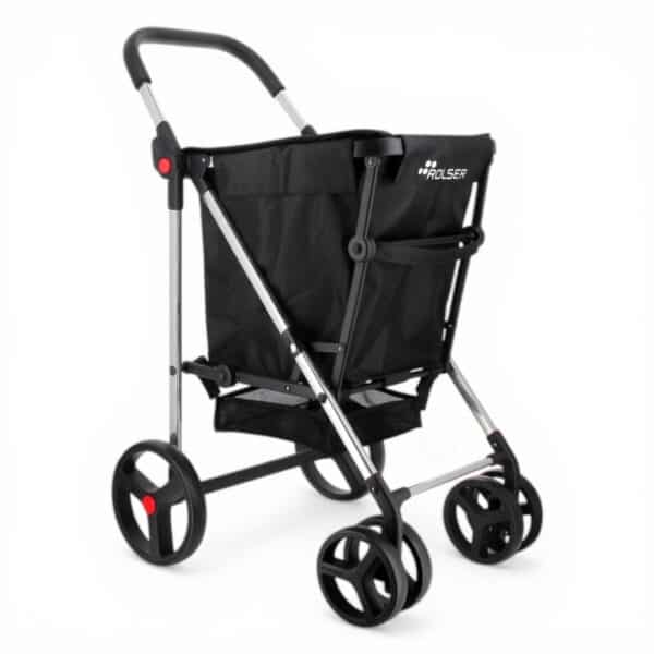 Svart Rolser Basket MF shoppingvagn – fyrhjulig hopfällbar rullvagn med höj- och sänkbart handtag.
