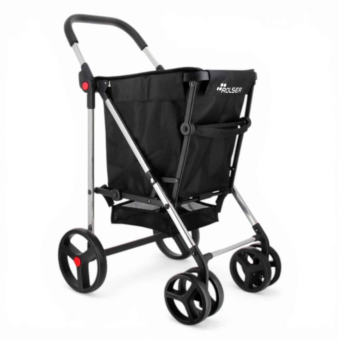 Svart Rolser Basket MF shoppingvagn – fyrhjulig hopfällbar rullvagn med höj- och sänkbart handtag.