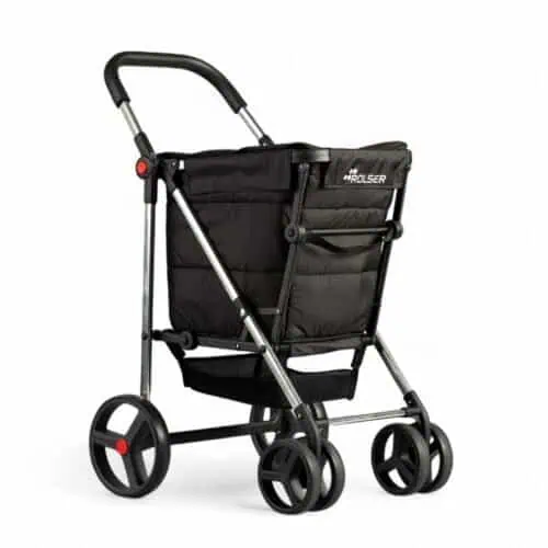 Svart Rolser Basket 4B shoppingvagn – fyrhjulig hopfällbar rullvagn med höj- och sänkbart handtag.