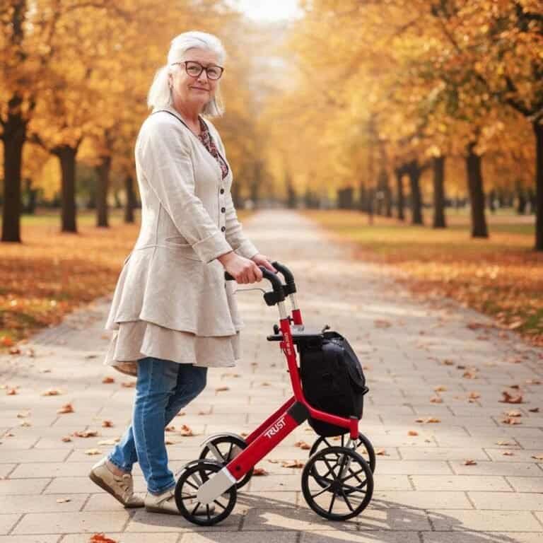 Äldre kvinna går med en röd rollator på en parkstig täckt av höstlöv under en solig dag – för dig som vill köpa eller hyra rollator.