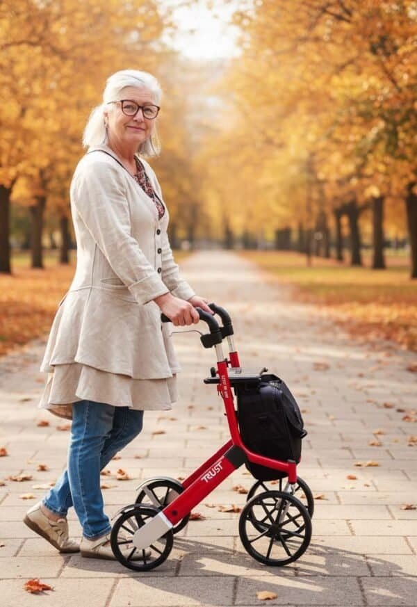 Äldre kvinna går med en röd rollator på en parkstig täckt av höstlöv under en solig dag.