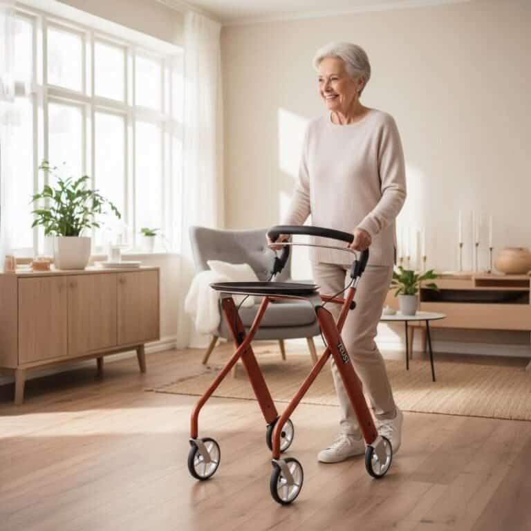 Äldre kvinna använder en modern röd rollator inomhus i ett ljust och modernt vardagsrum – ett alternativ för dig som vill hyra rollator.