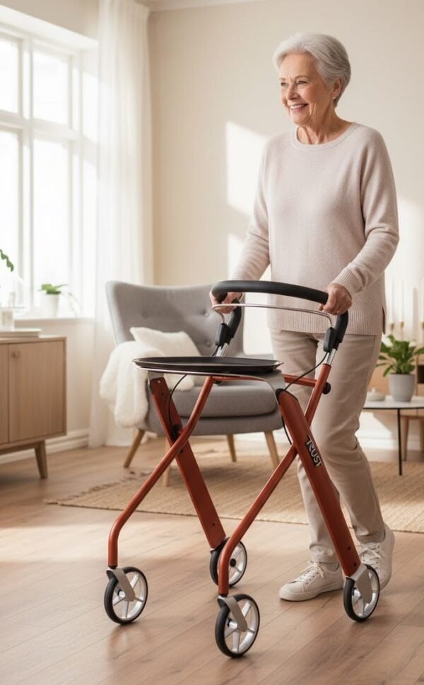 Äldre kvinna använder en modern röd rullator inomhus i ett ljust och modernt vardagsrum – för dig som planerar att köpa rullator.