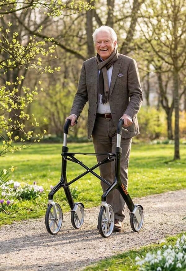 Stilfull äldre man promenerar i parken med modern rollator – för dig som planerar att köpa rollator.