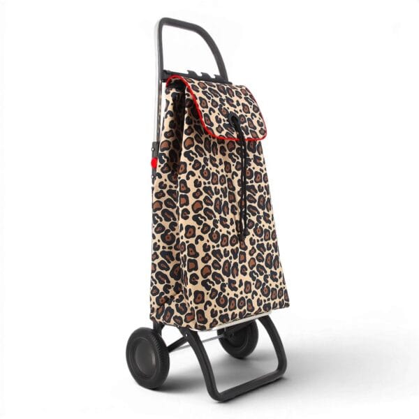 Rolser 2L MF shoppingvagn i tyget Wild Leo Beige – lätt hopfällbar dramaten med stora hjul och 43 liters väska.