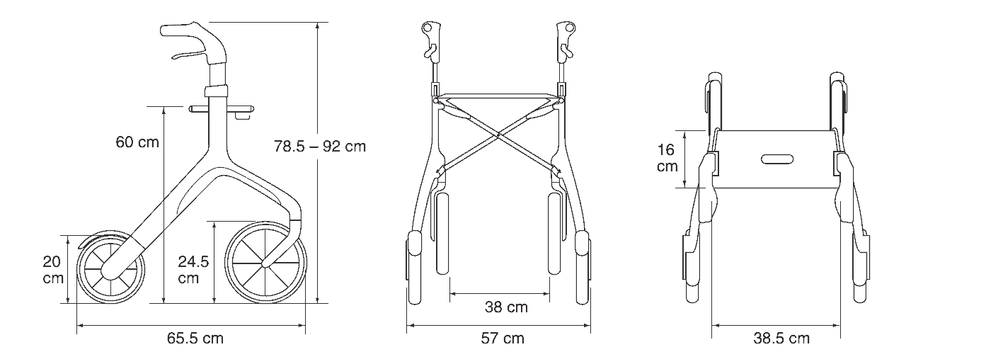 Måttskiss Let's Fly rollator – längd 65,5 cm, bredd 57 cm, handtagshöjd 78,5–92 cm