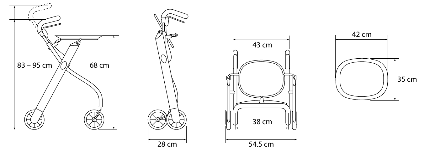 Måttskiss Let's Go inomhusrollator – bredd 54,5 cm, handtagshöjd 83–95 cm, bricka 42 × 35 cm
