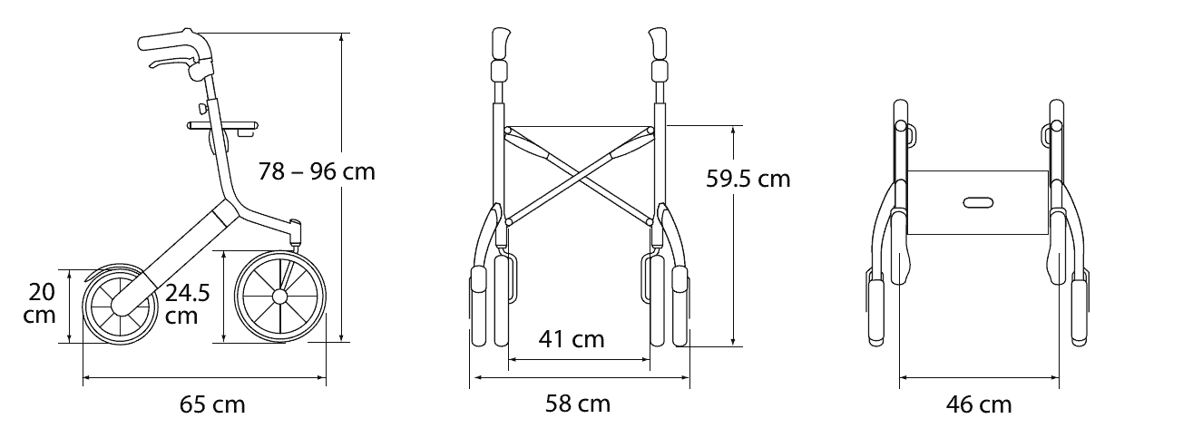 Måttskiss Let's Go Out rollator – längd 65 cm, bredd 58 cm, handtagshöjd 78–96 cm