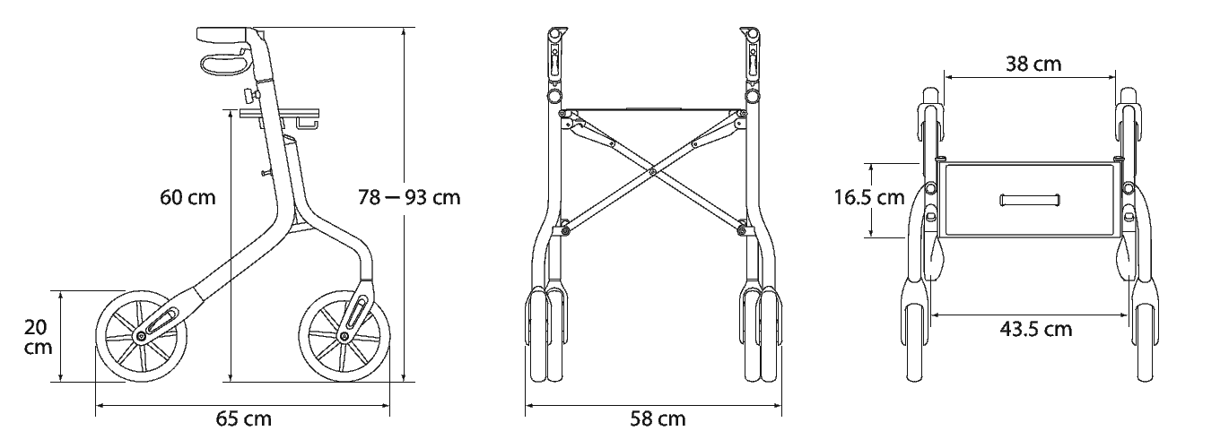 Måttskiss Let's Move rollator – längd 65 cm, bredd 58 cm, handtagshöjd 78–93 cm
